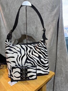 American West Zebra-Print Shoulder Bag with Matching Wallet - Black & White-NEW